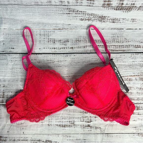 Gossard 34A Superboost Lace Padded Plunge Bra Rose Red Pink Underwire Mesh - Picture 3 of 14